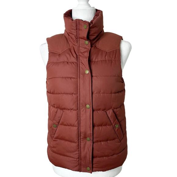 H&M L.O.G.G. Women's Puffer Vest 6 Brown Orange Hooded Faux Fur Removable Zip Up - Picture 2 of 8